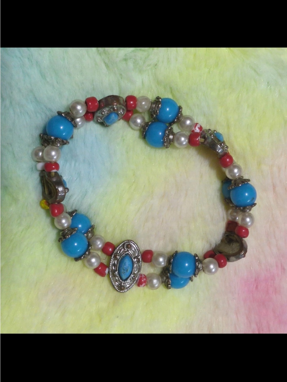 Faux Turquoise, Coral and Pearl Bead  Stretch Bracelet - Blue & Red